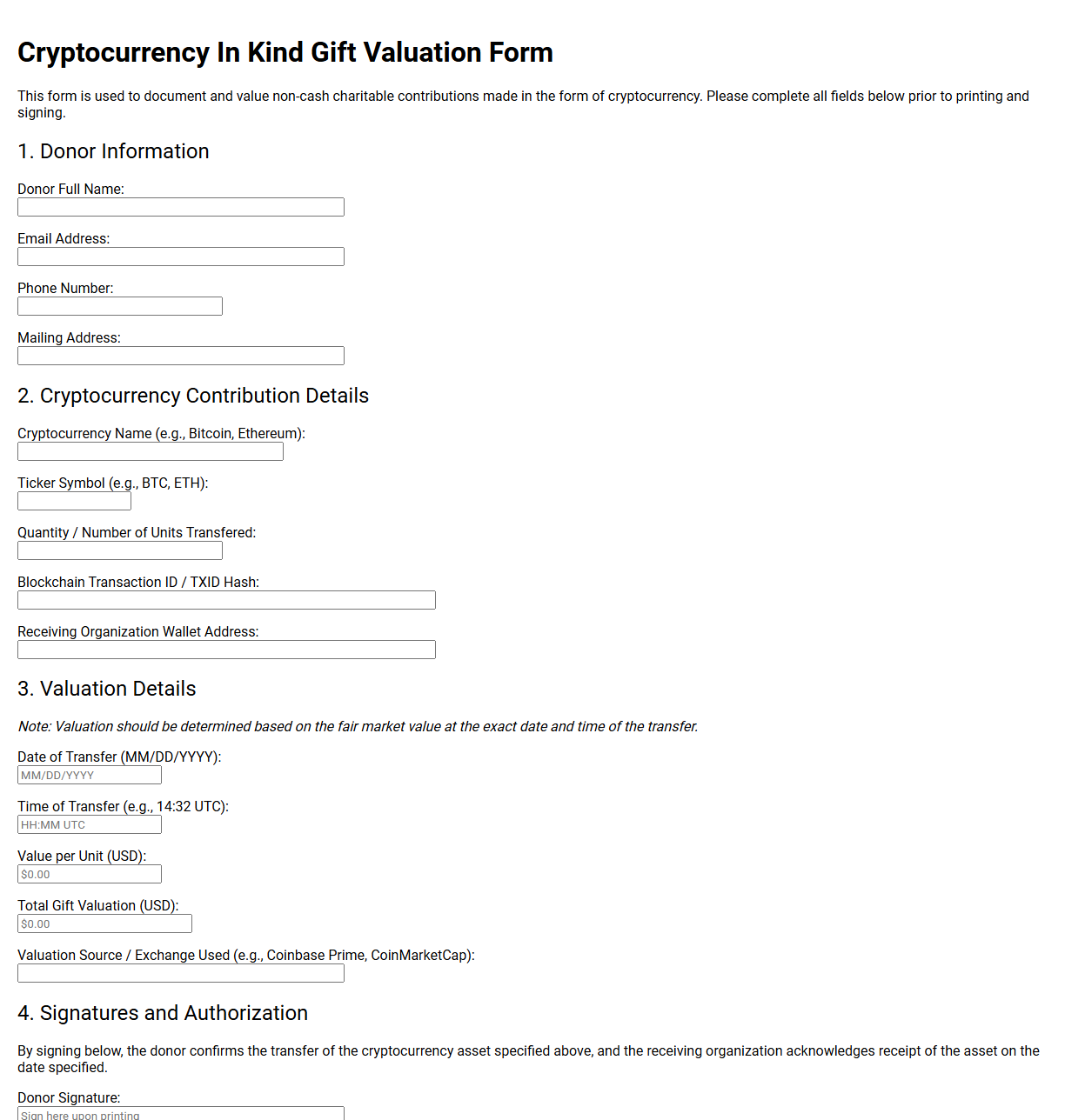 Cryptocurrency In Kind Gift Valuation Form