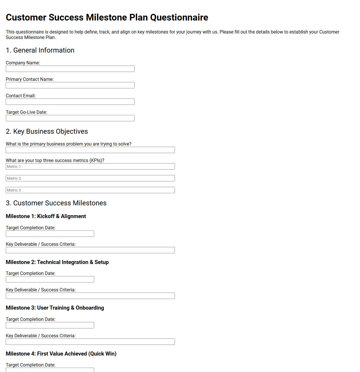Customer Success Milestone Plan Questionnaire
