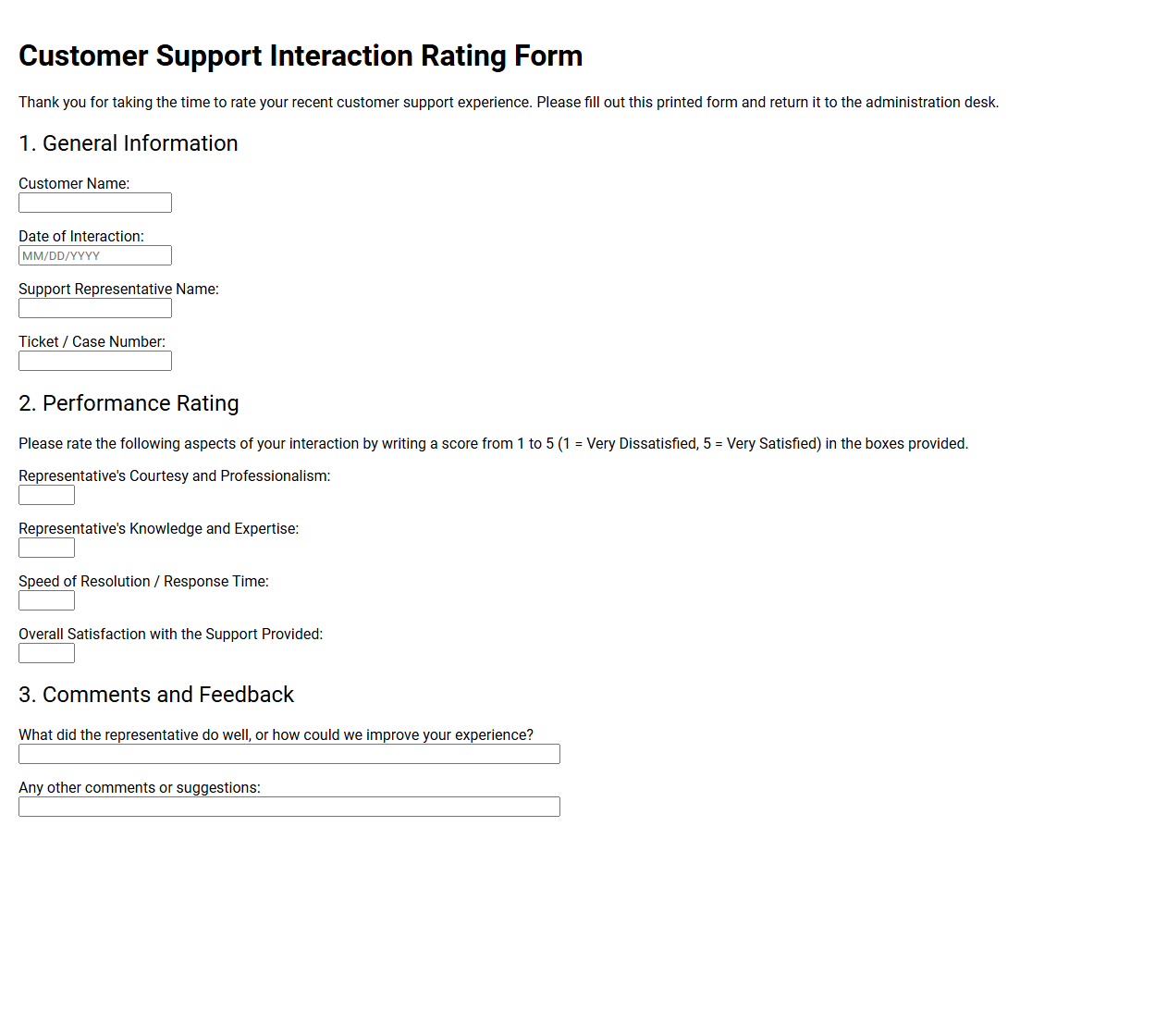 Customer Support Interaction Rating Form