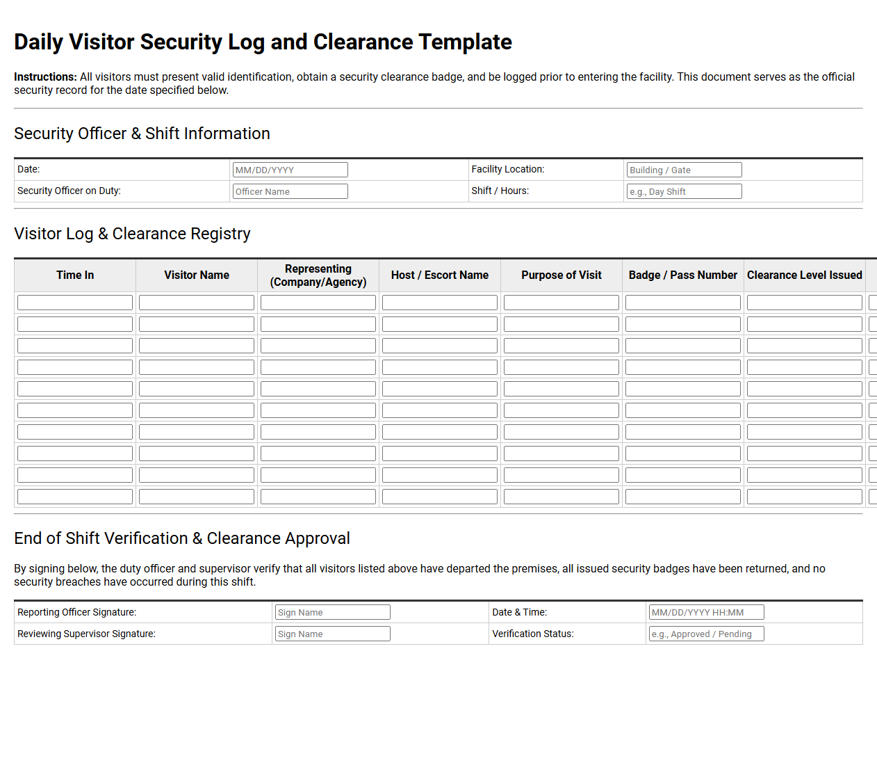Daily Visitor Security Log and Clearance Template