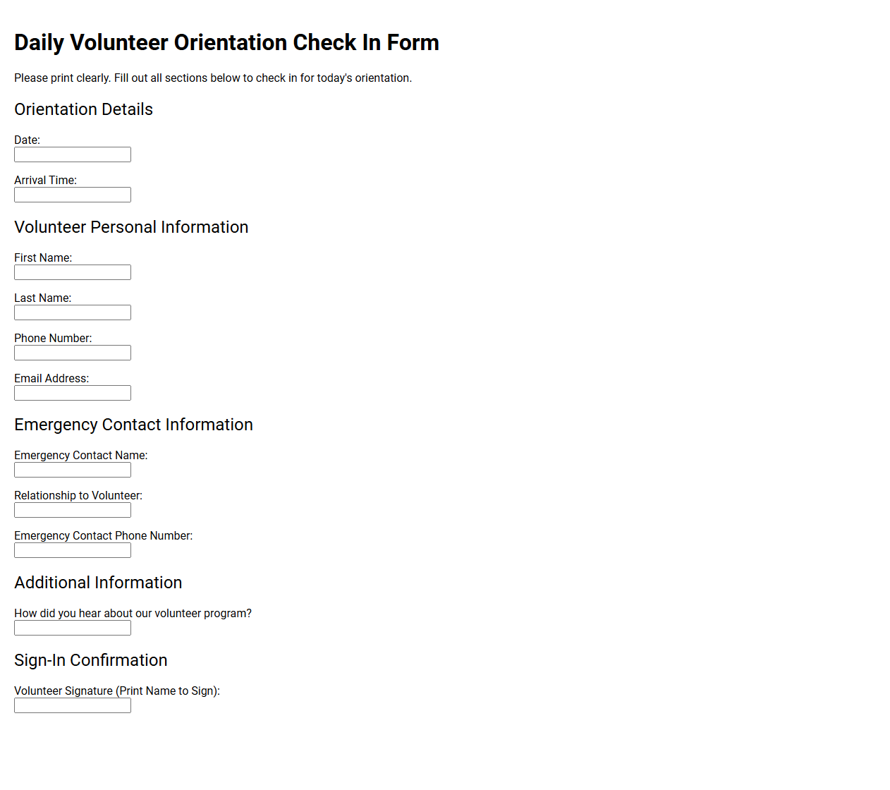 Daily Volunteer Orientation Check In Form