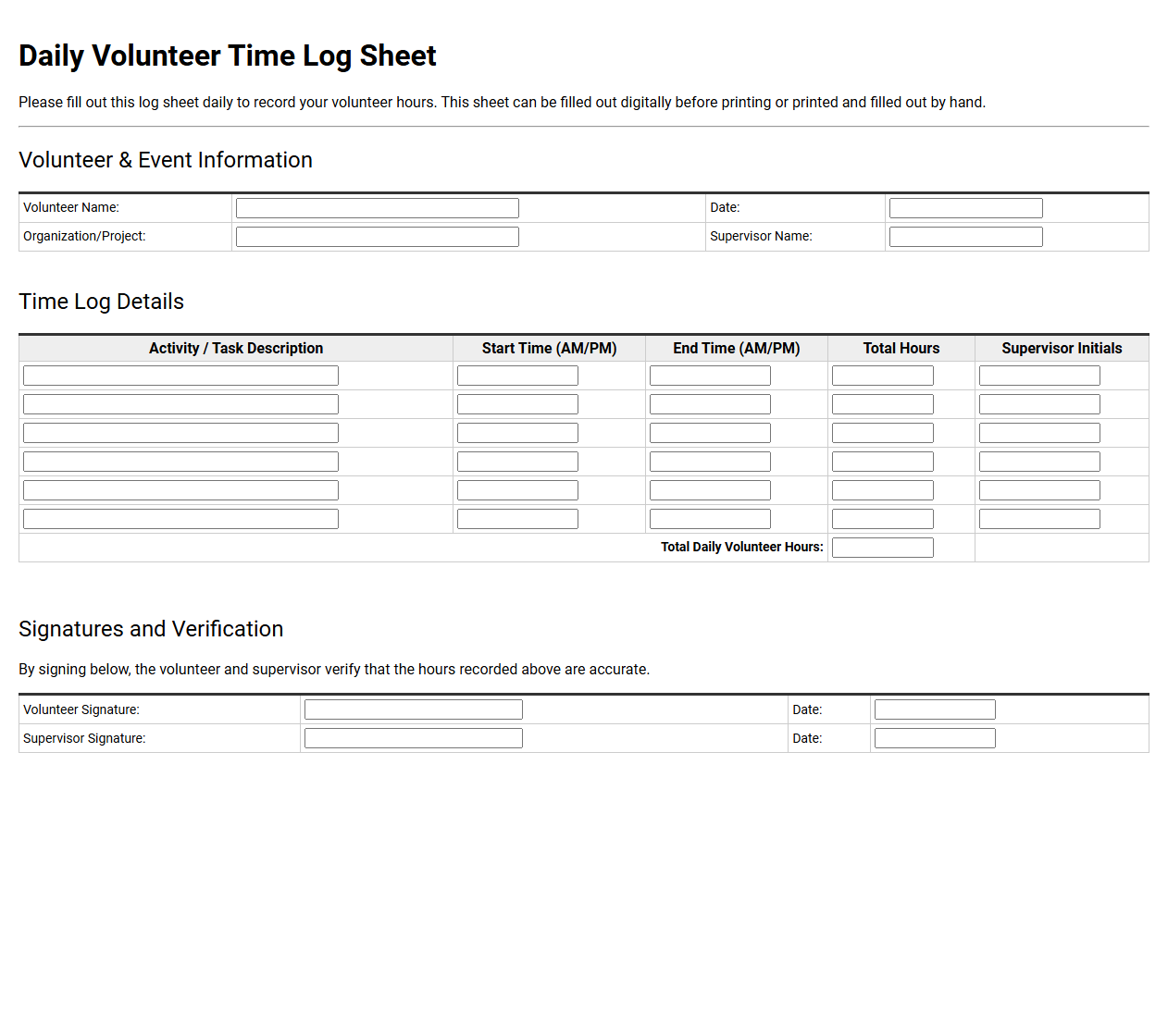 Daily Volunteer Time Log Sheet