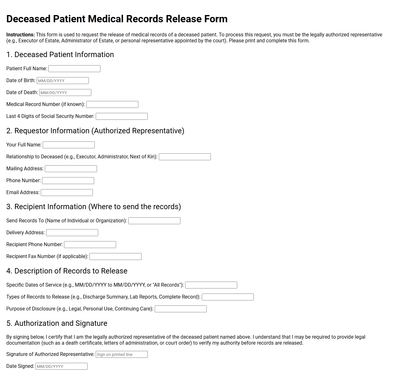 Deceased Patient Medical Records Release Form