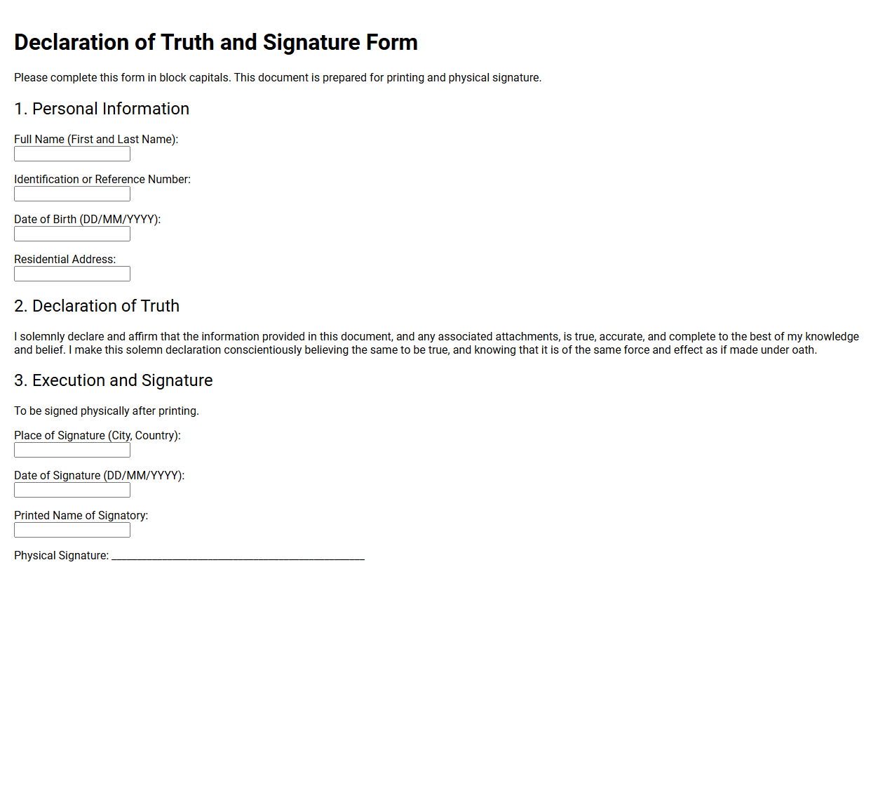 Declaration of Truth and Signature Form