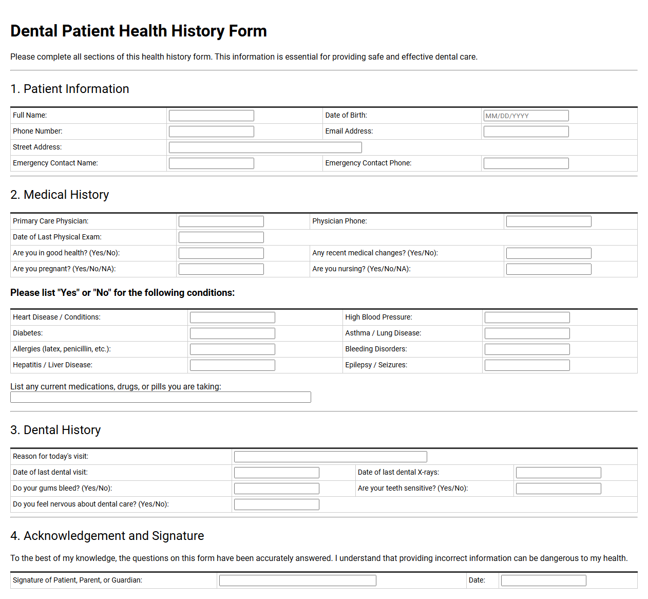 Dental Patient Health History Form