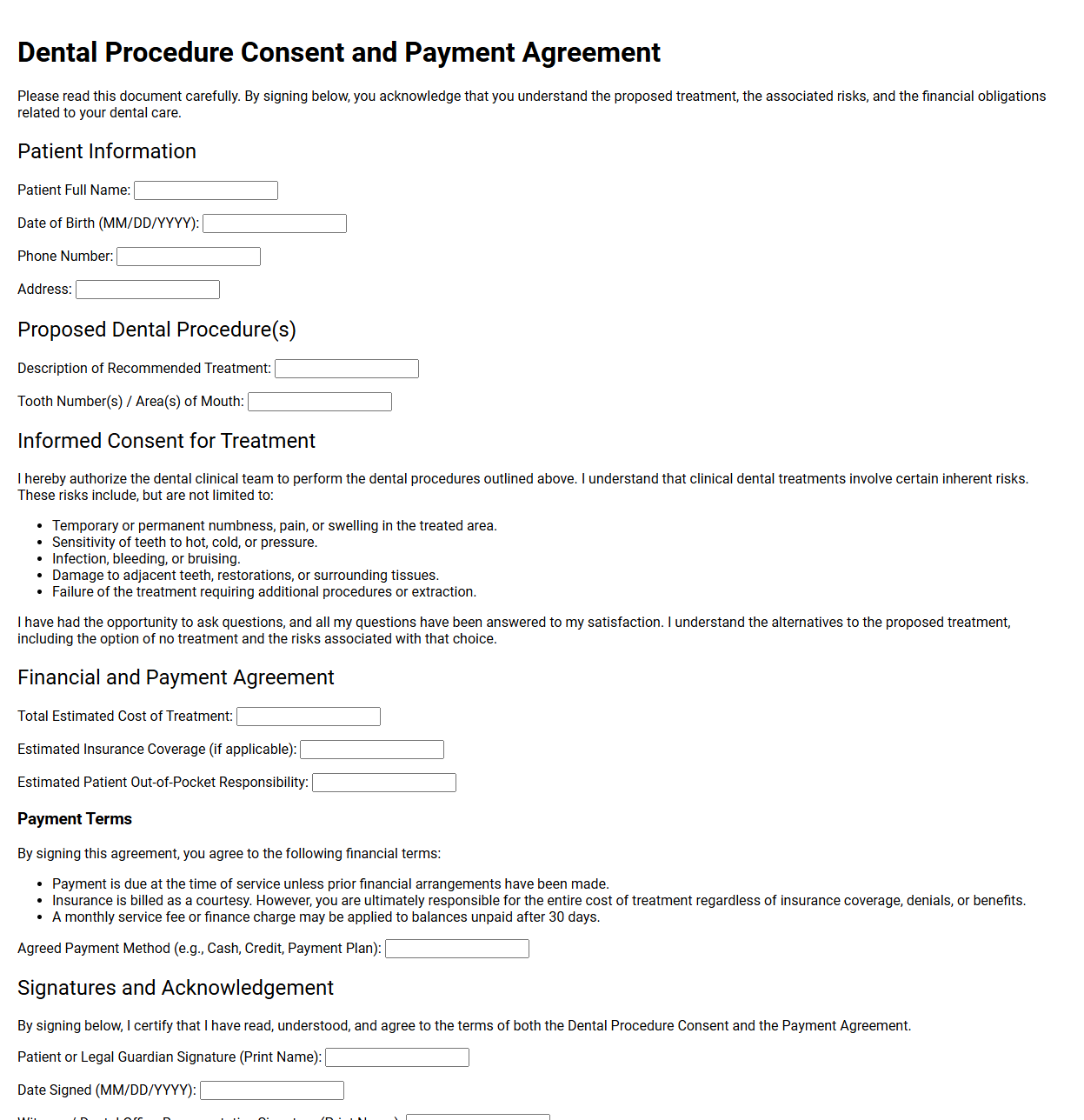 Dental Procedure Consent and Payment Agreement