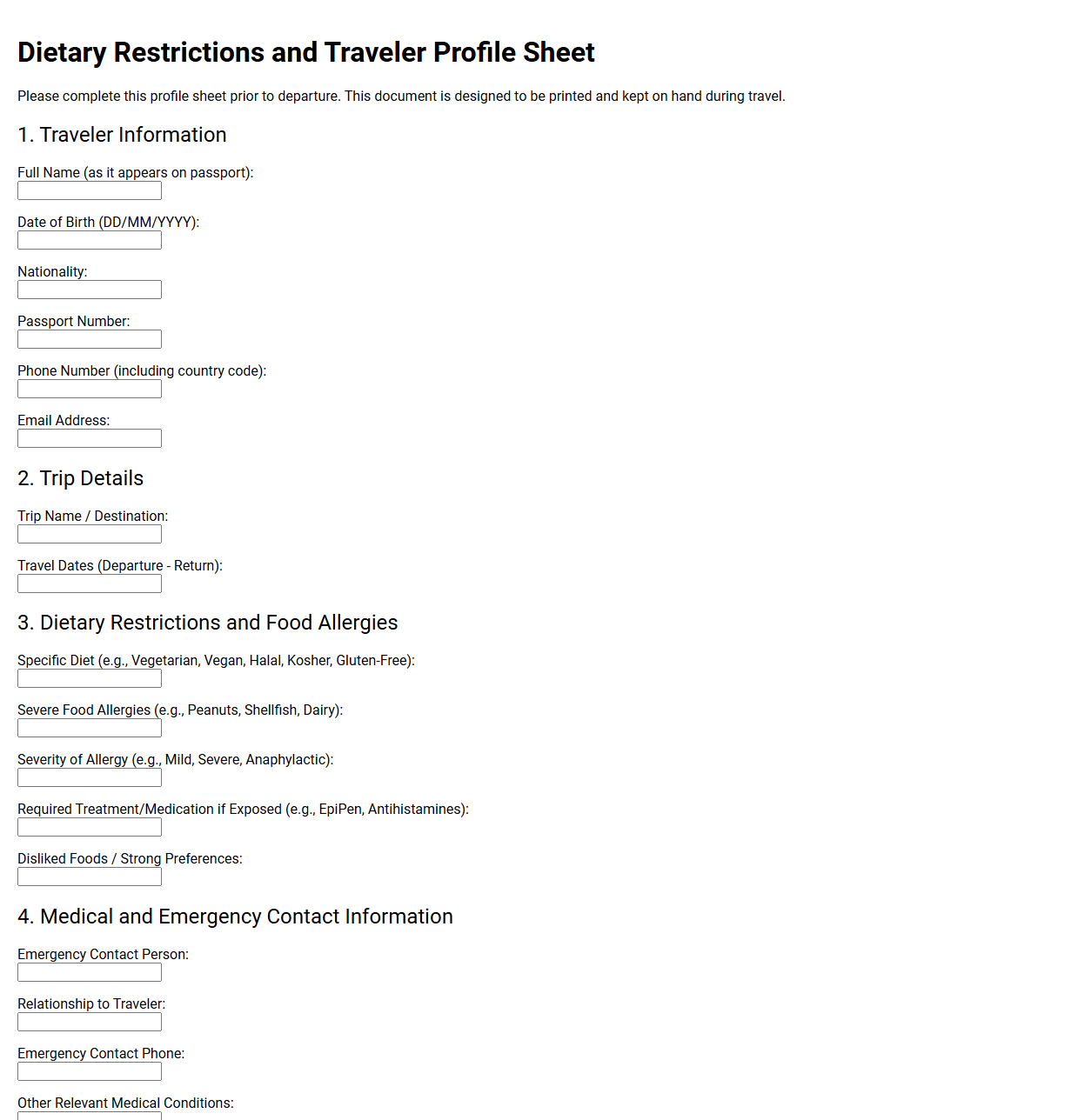 Dietary Restrictions and Traveler Profile Sheet