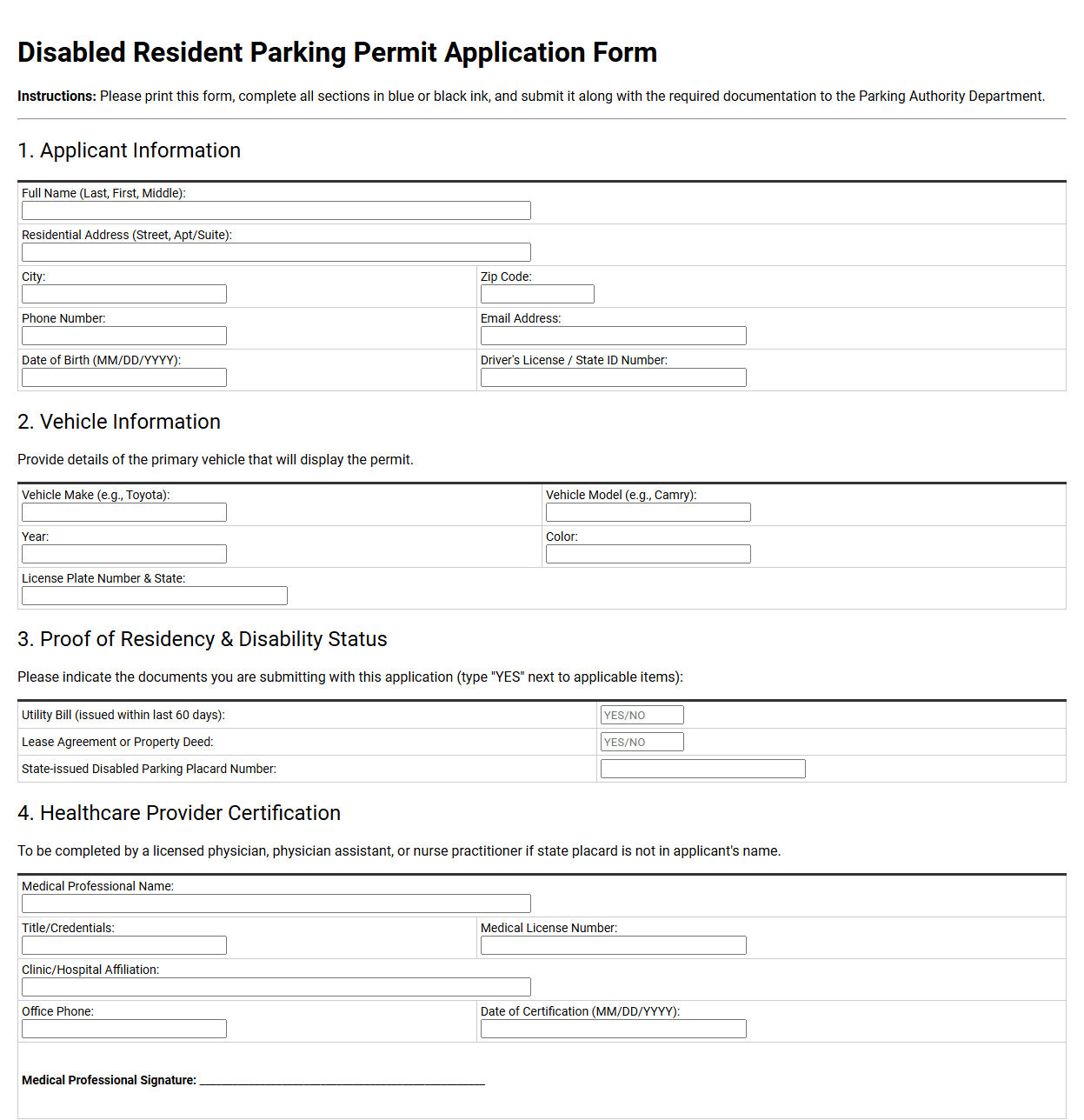 Disabled Resident Parking Permit Application Form