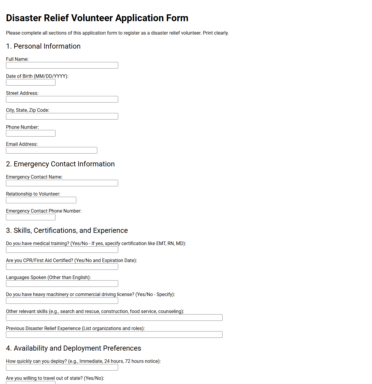 Disaster Relief Volunteer Application Form Template