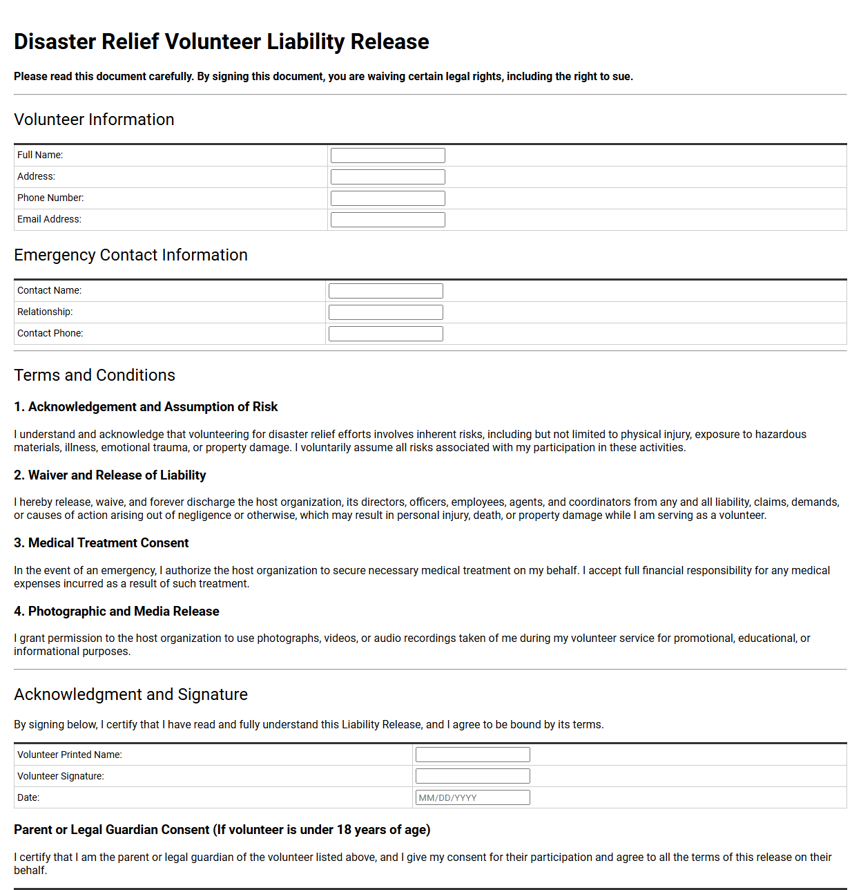 Disaster Relief Volunteer Liability Release