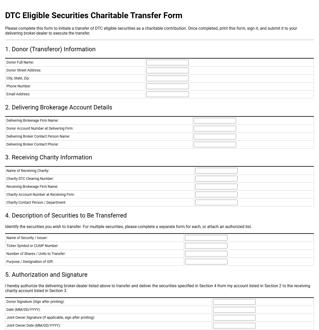 DTC Eligible Securities Charitable Transfer Form