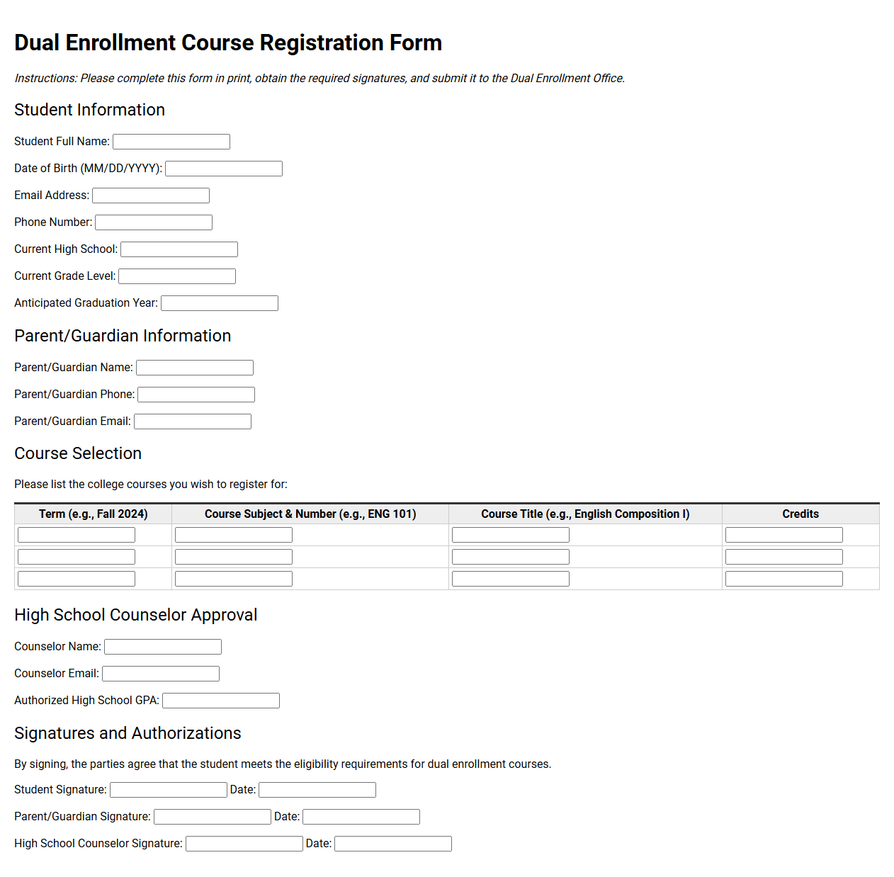 Dual Enrollment Course Registration Form