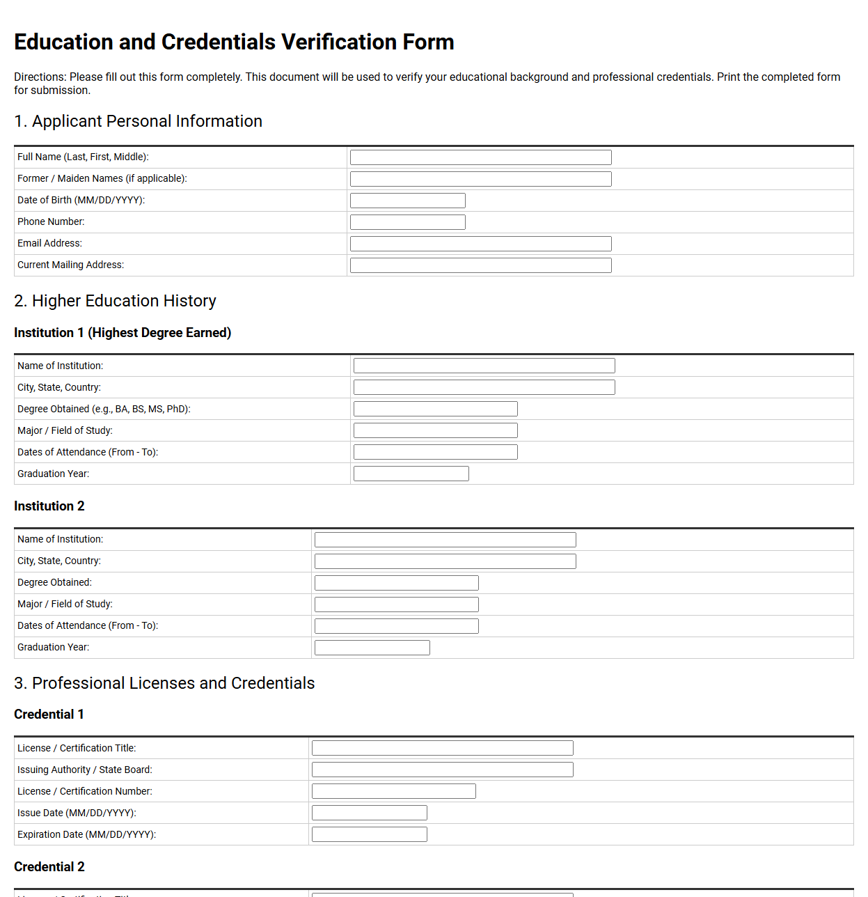 Education and Credentials Verification Form