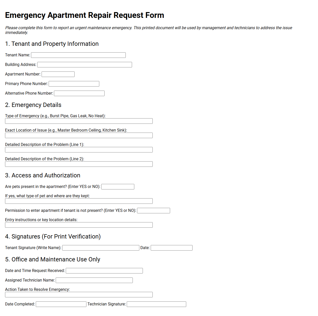 Emergency Apartment Repair Request Form