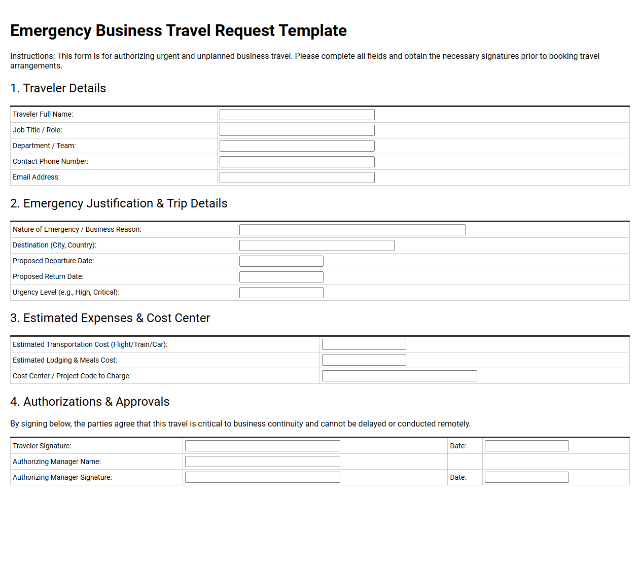 Emergency Business Travel Request Template