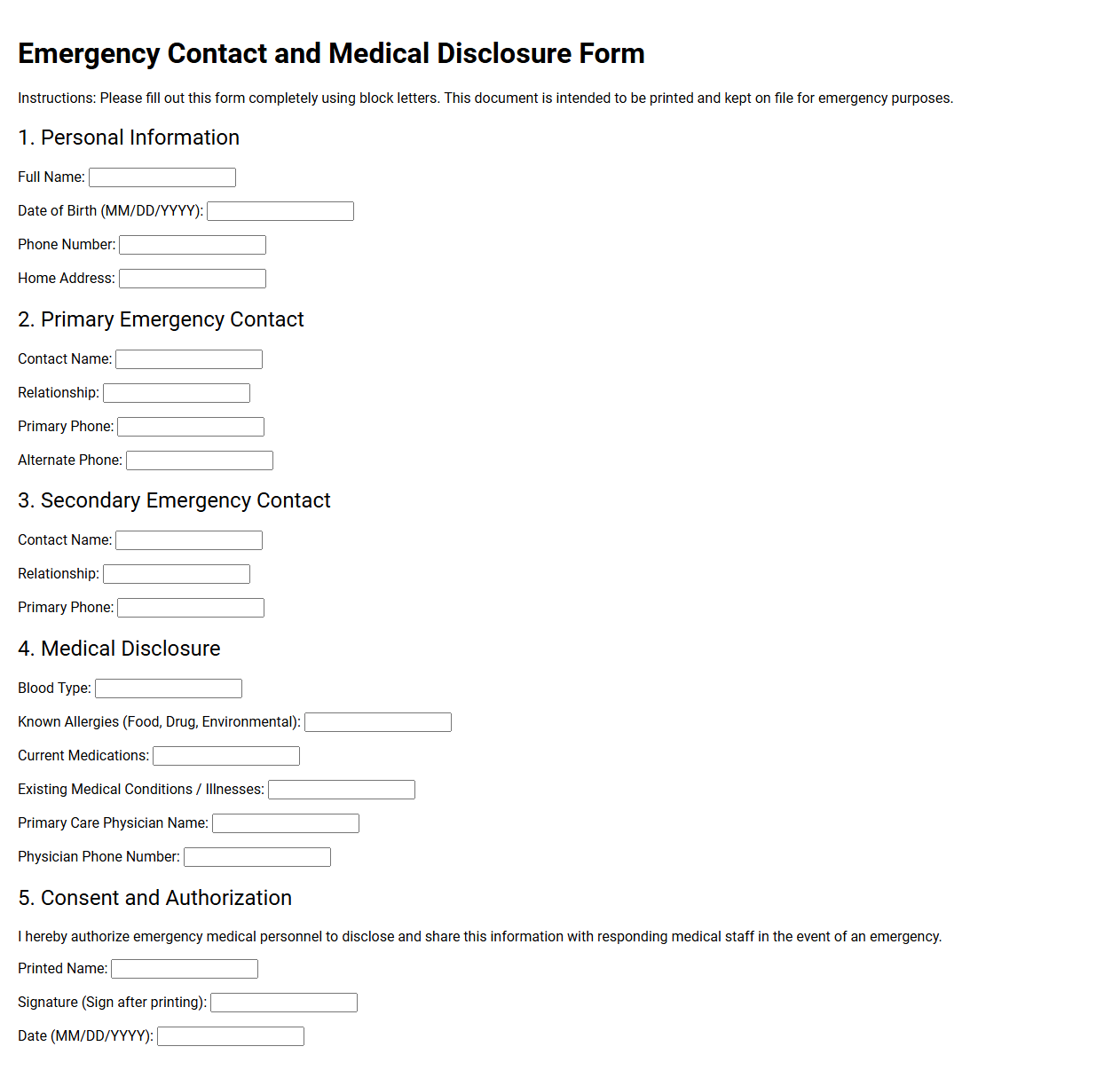Emergency Contact and Medical Disclosure Form