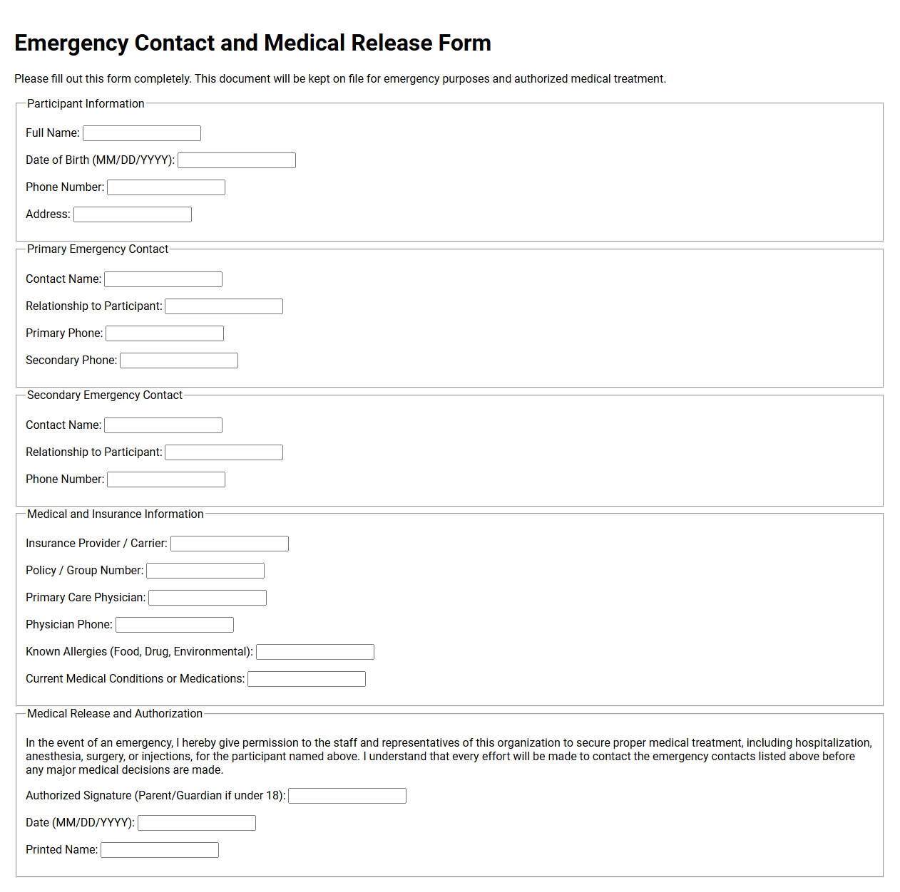 Emergency Contact and Medical Release Form