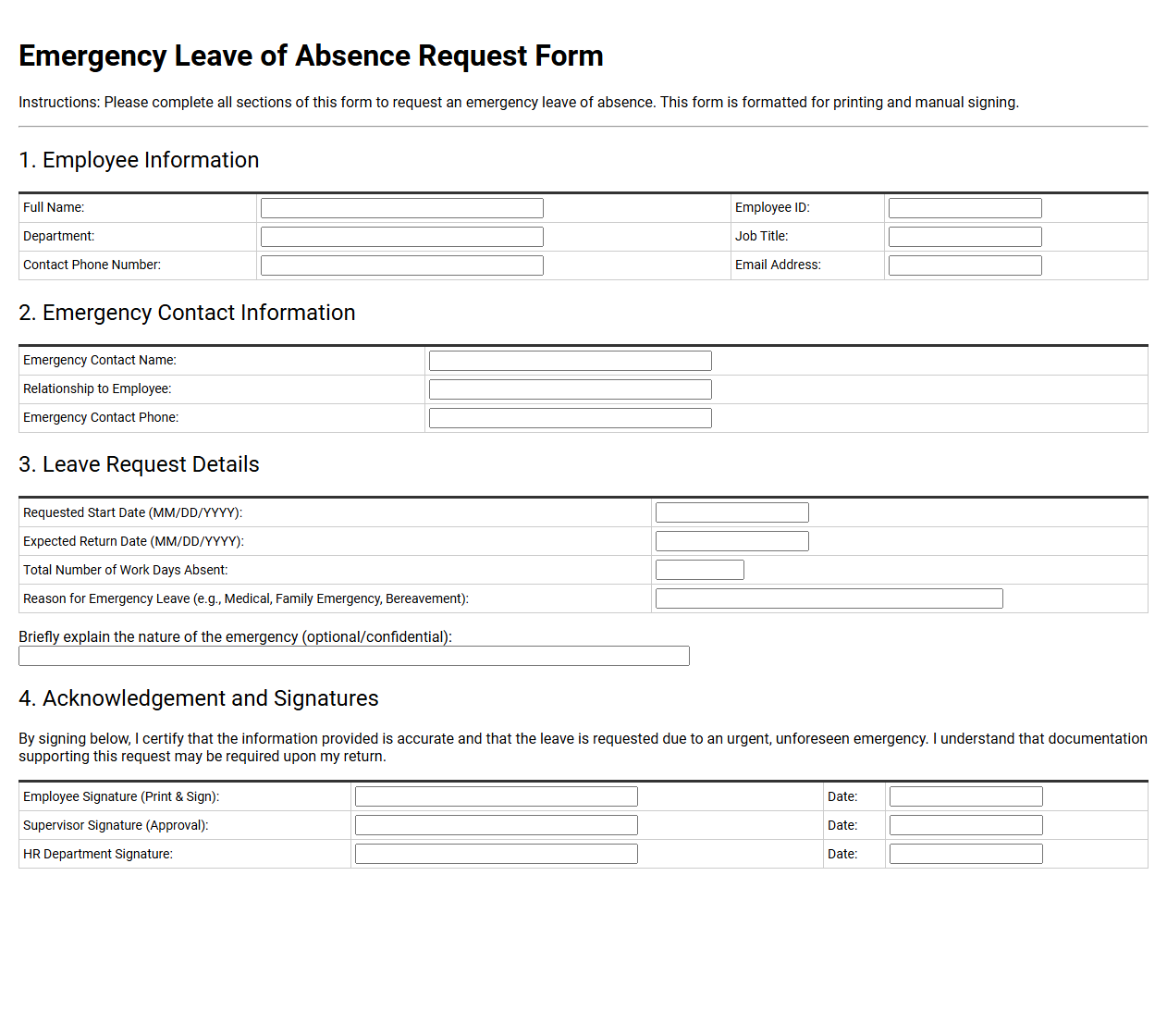 Emergency Leave of Absence Request Form