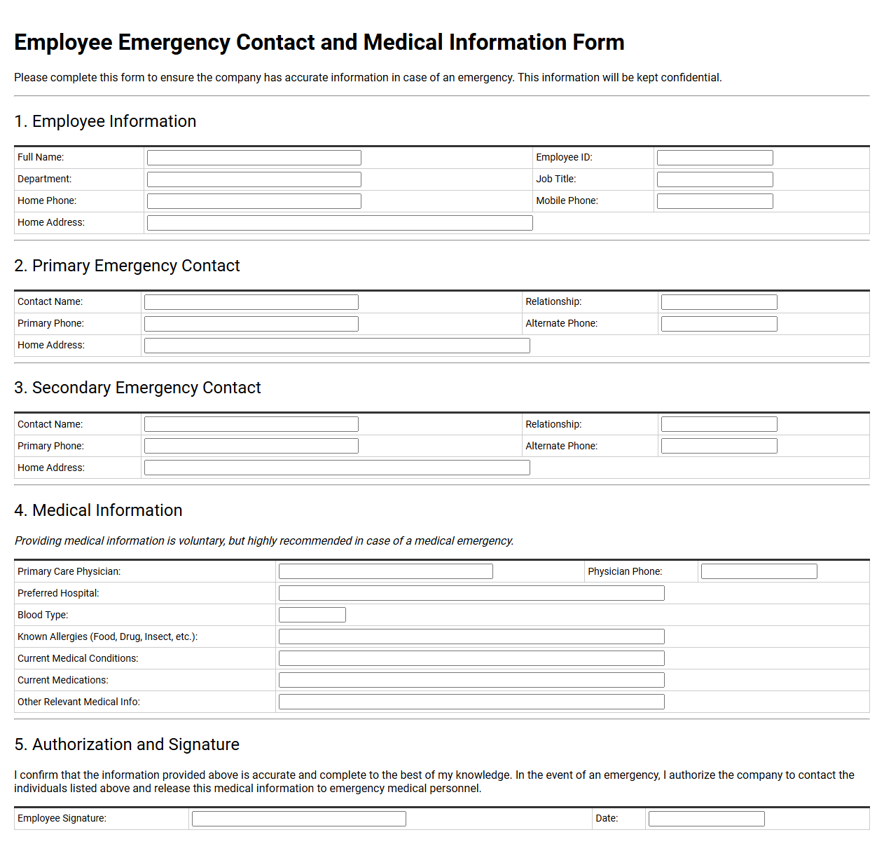 Employee Emergency Contact and Medical Information Form