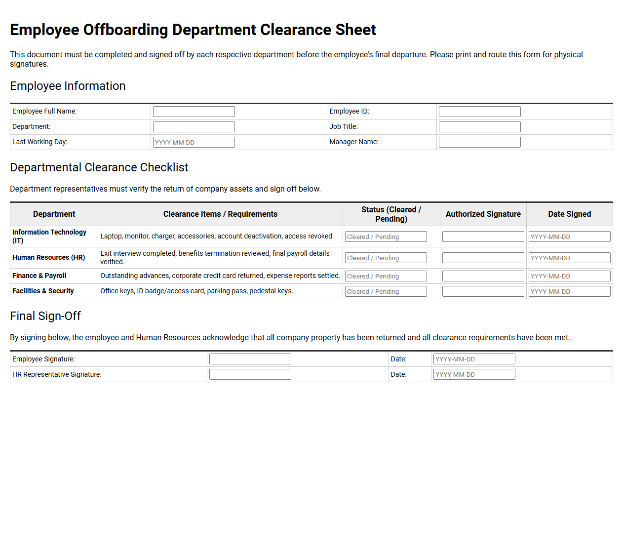 Employee Offboarding Department Clearance Sheet