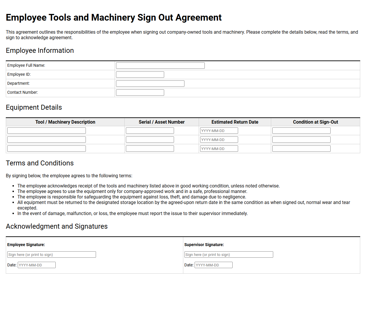 Employee Tools and Machinery Sign Out Agreement
