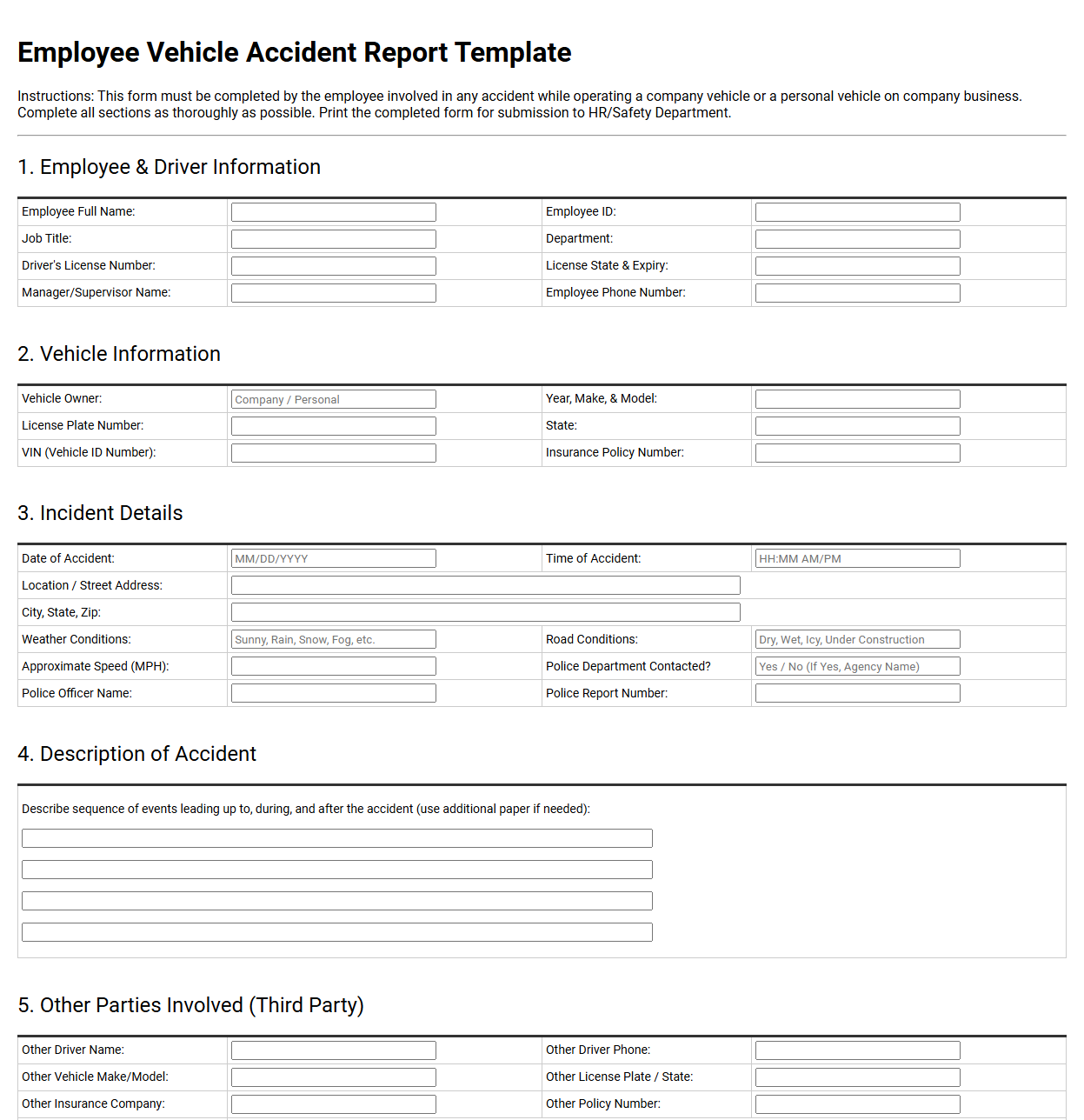 Employee Vehicle Accident Report Template