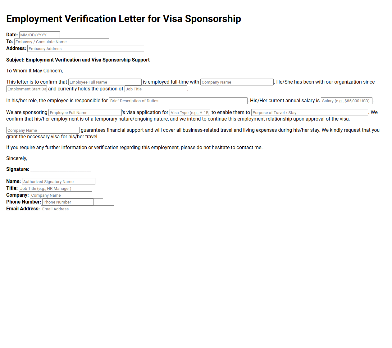 Employment Verification Letter for Visa Sponsorship