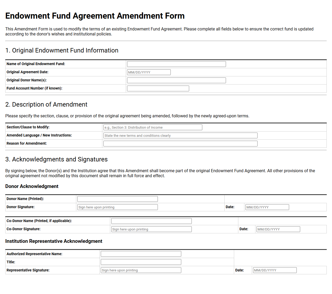 Endowment Fund Agreement Amendment Form Template