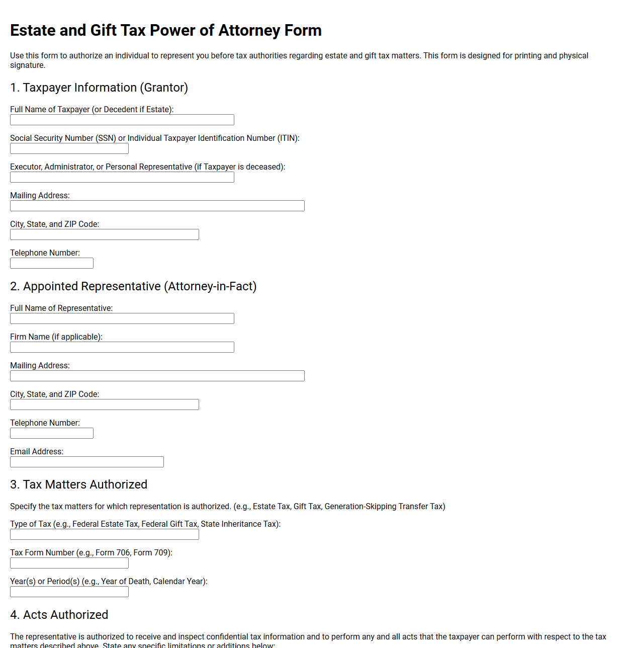 Estate and Gift Tax Power of Attorney Form