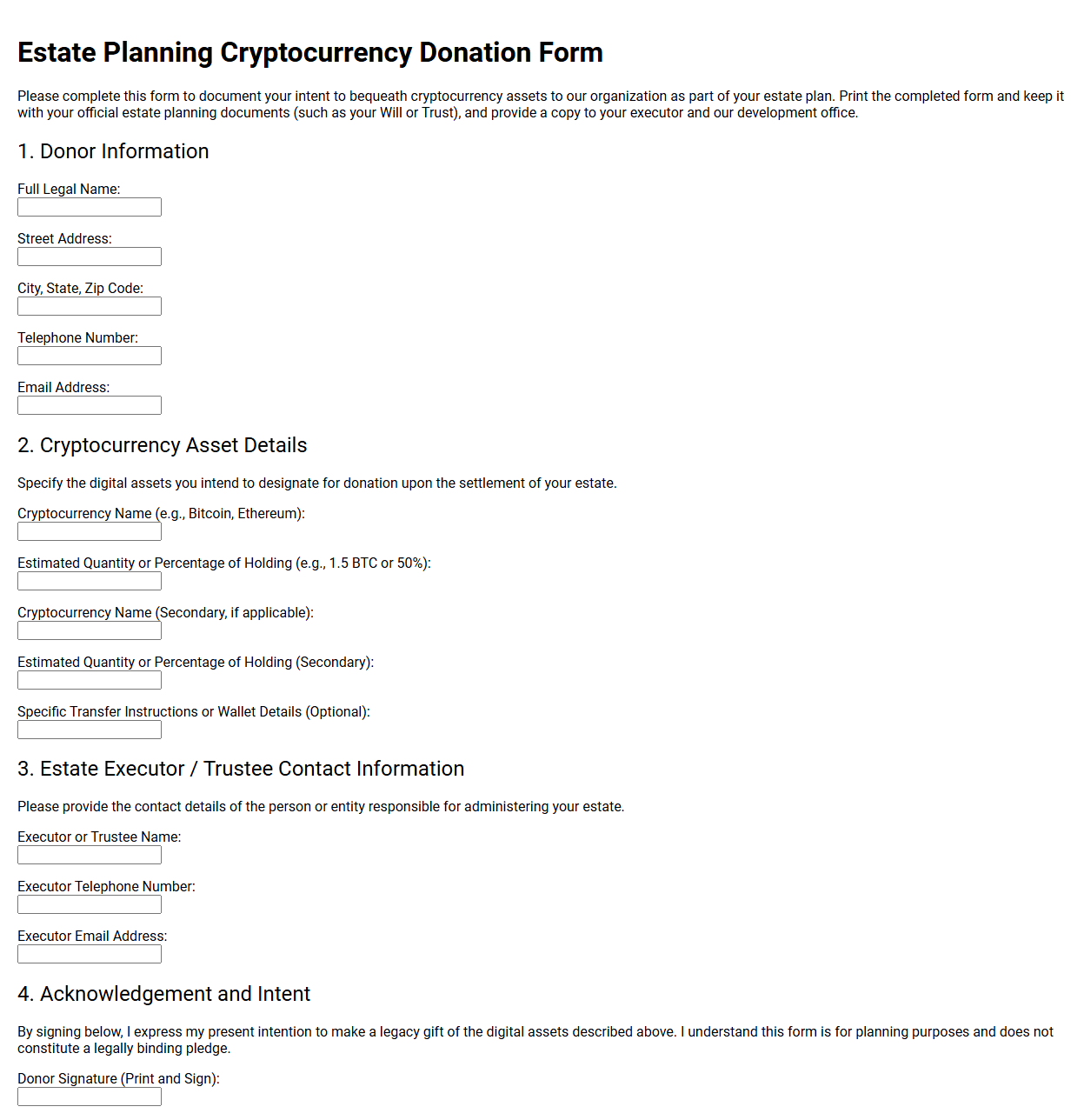 Estate Planning Cryptocurrency Donation Form