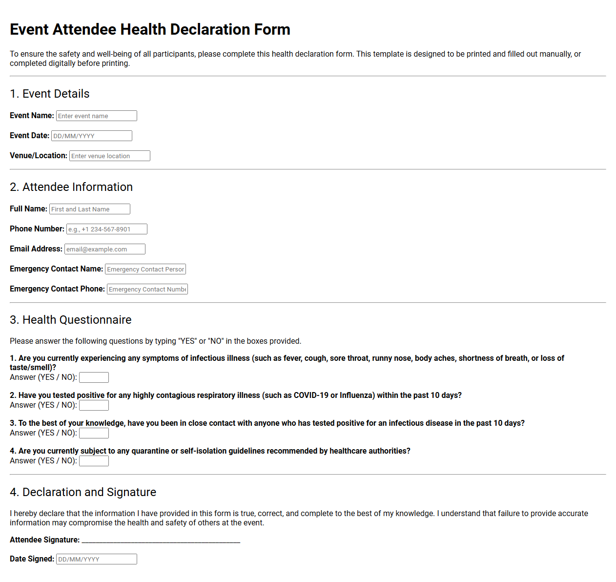 Event Attendee Health Declaration Form Template