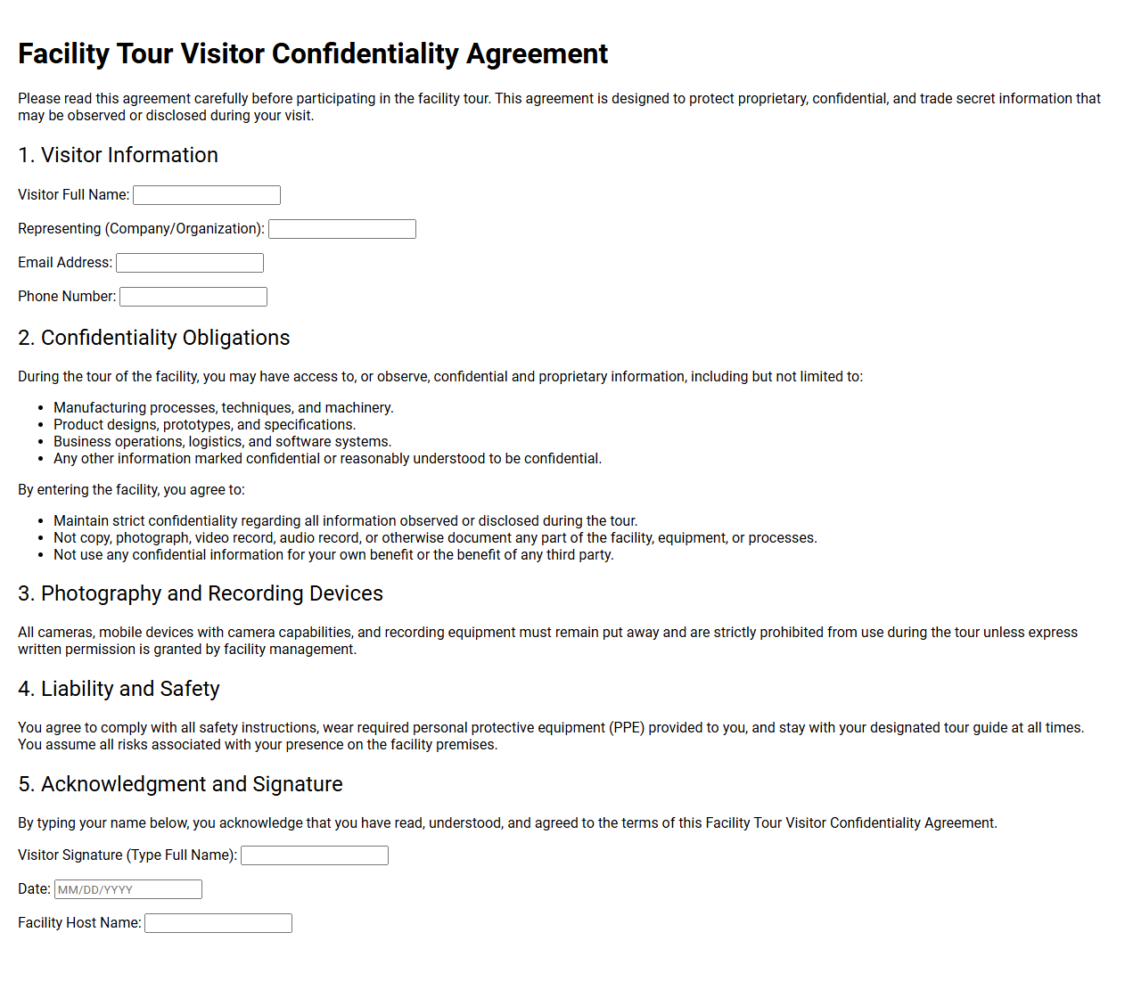 Facility Tour Visitor Confidentiality Agreement