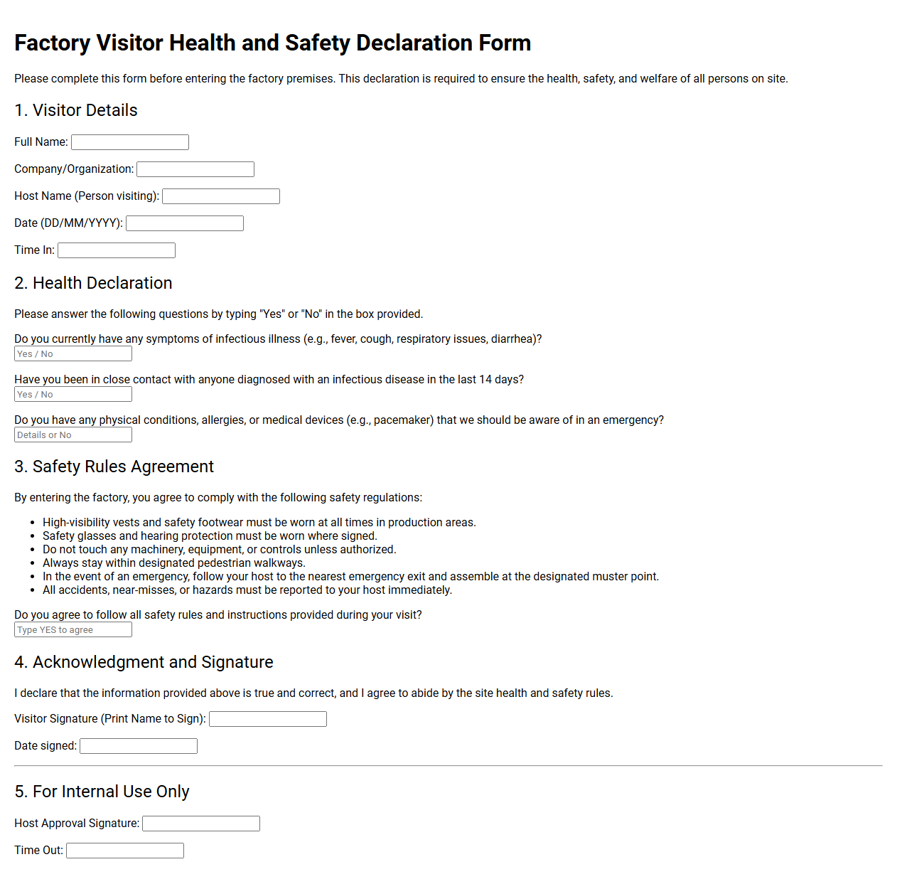 Factory Visitor Health and Safety Declaration Form