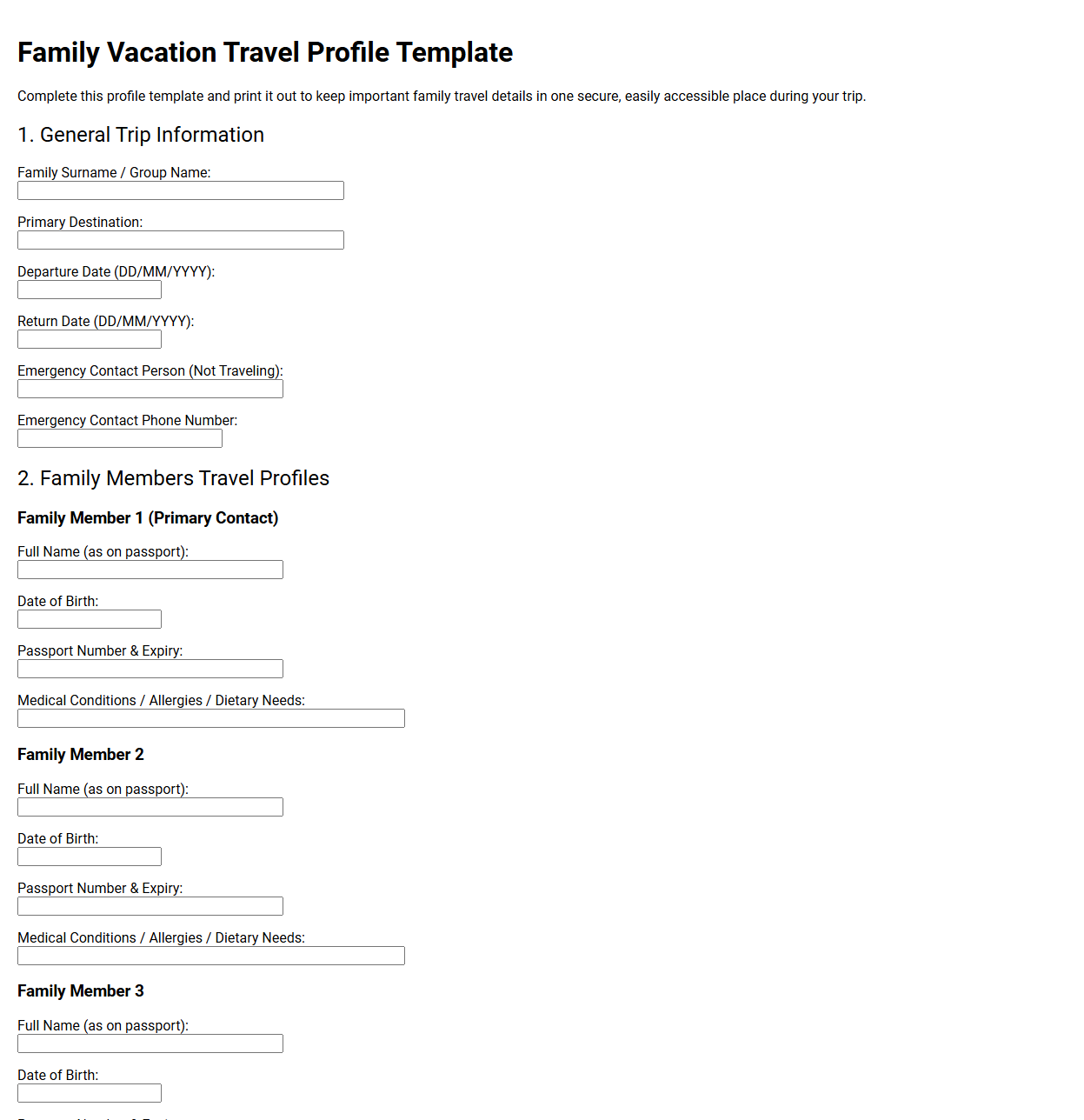Family Vacation Travel Profile Template