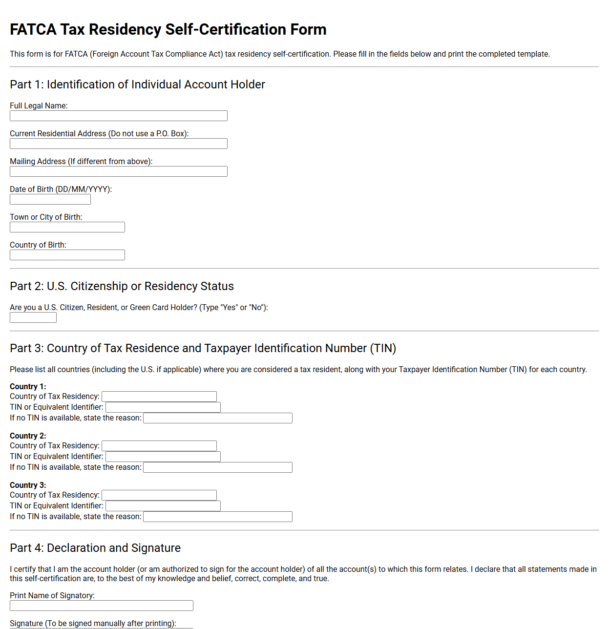 FATCA Tax Residency Self Certification Template