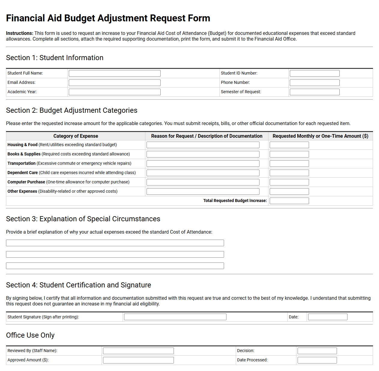 Financial Aid Budget Adjustment Request Form