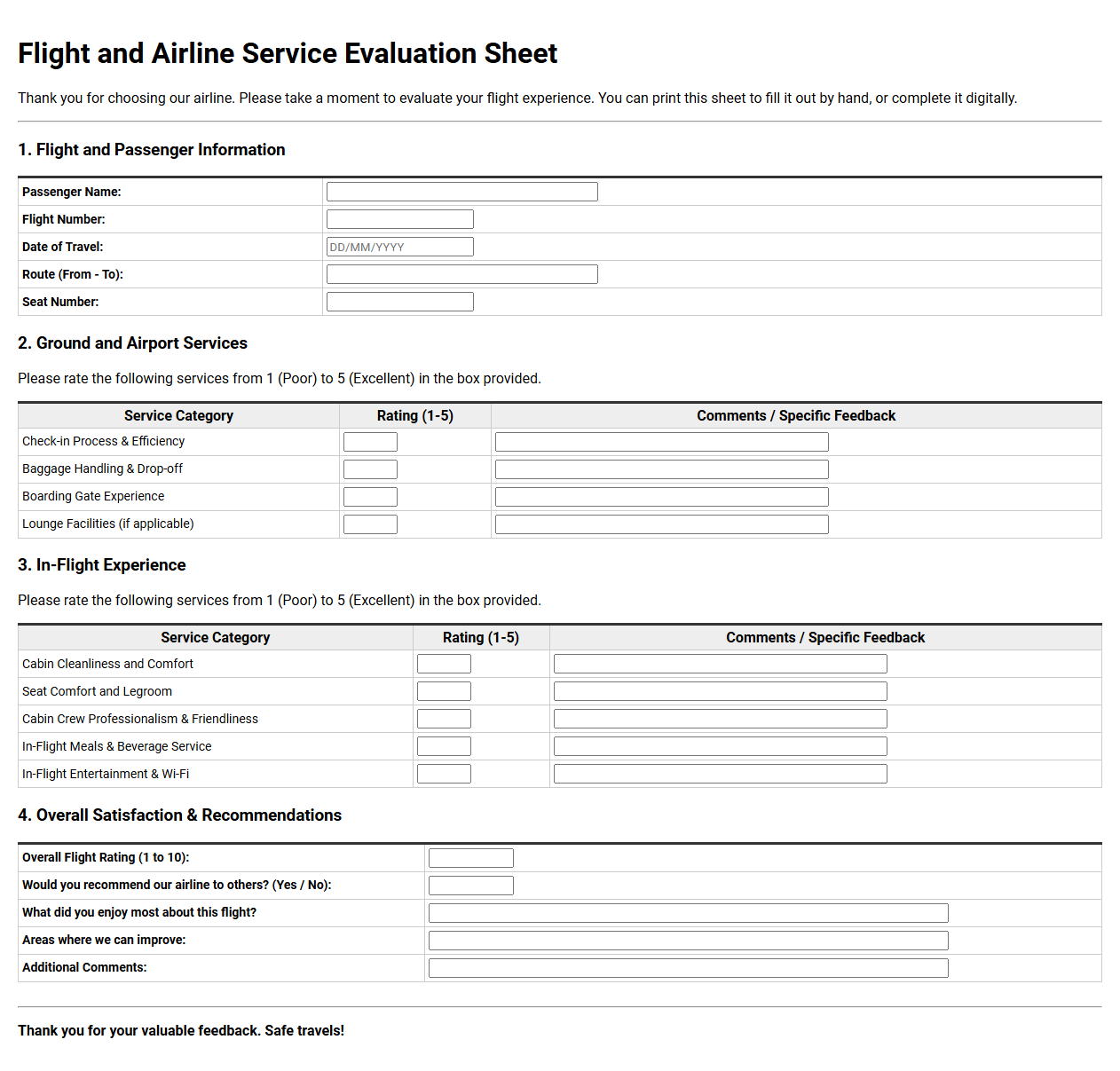Flight and Airline Service Evaluation Sheet
