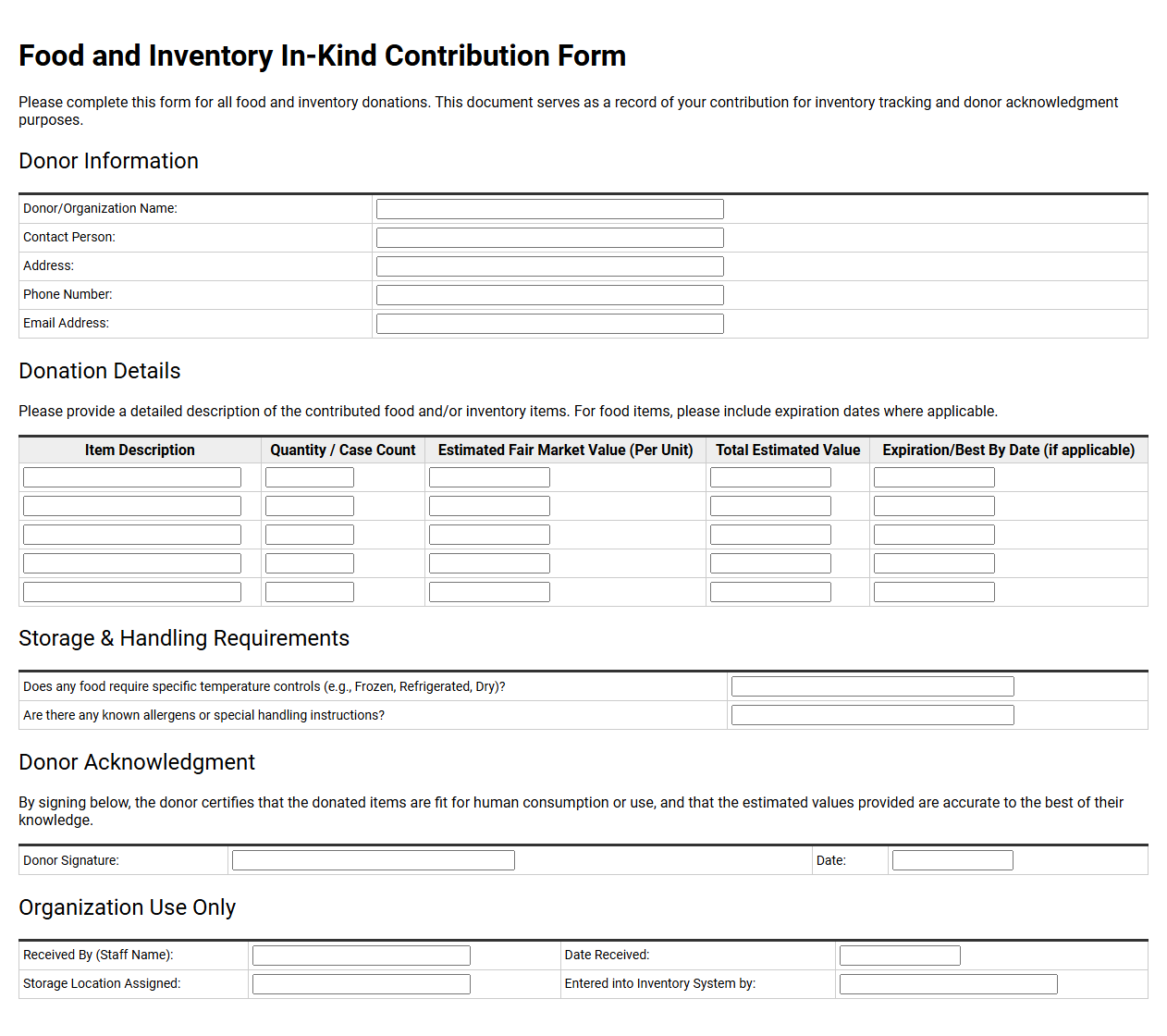 Food and Inventory In-Kind Contribution Form