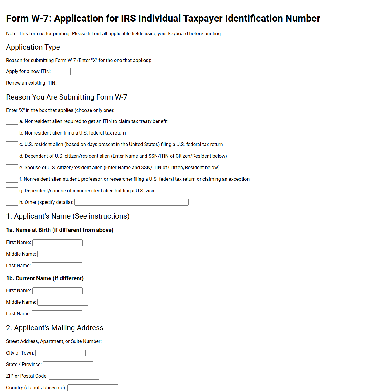 Form W-7 Application for Individual Taxpayer Identification Number