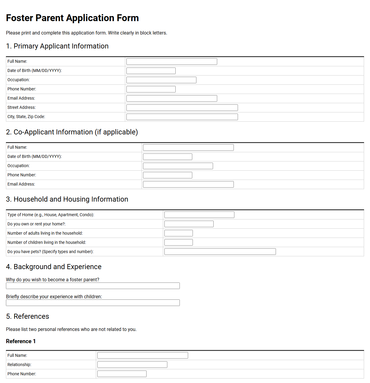 Foster Parent Application Form