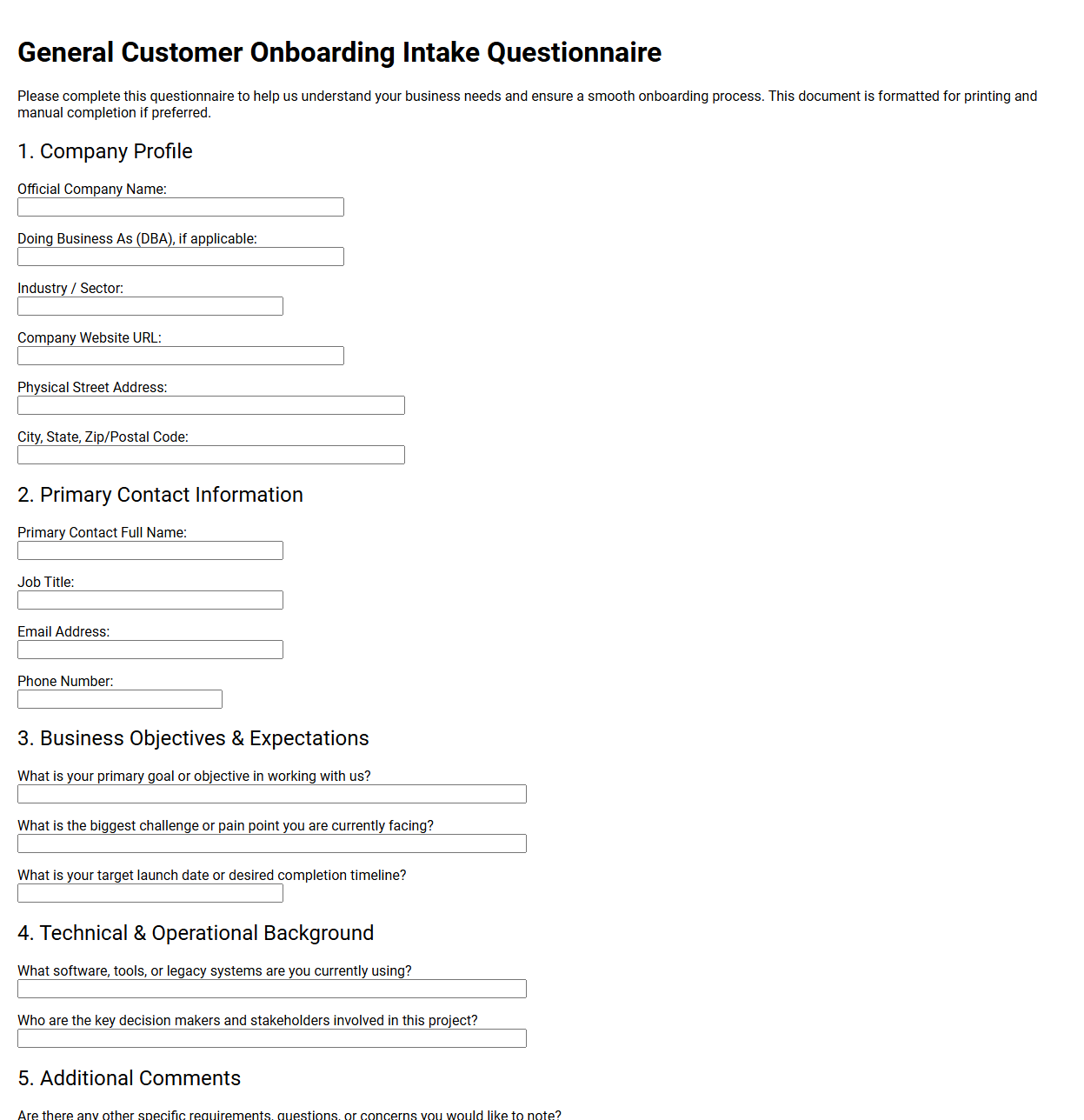 General Customer Onboarding Intake Questionnaire
