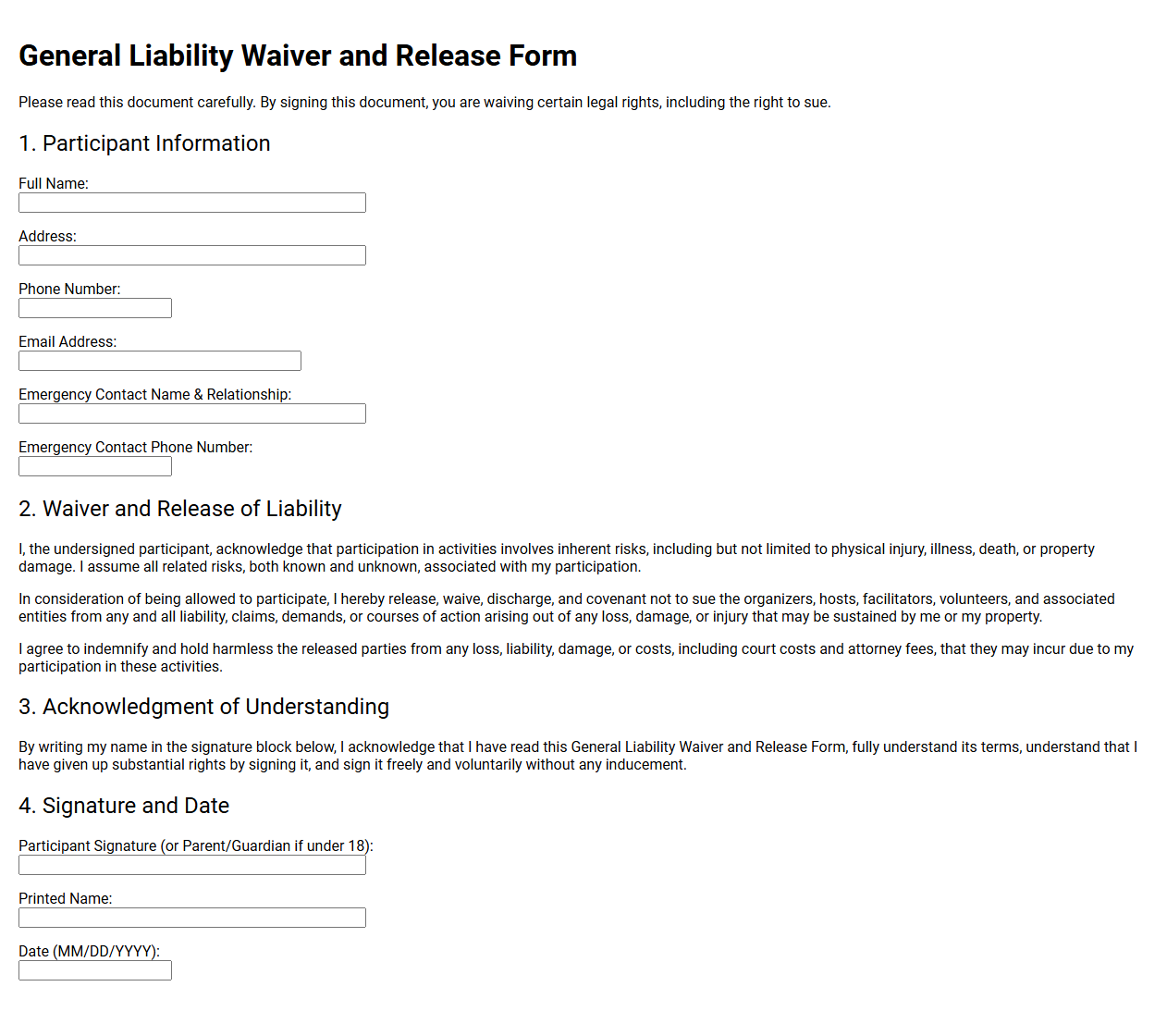 General Liability Waiver and Release Form