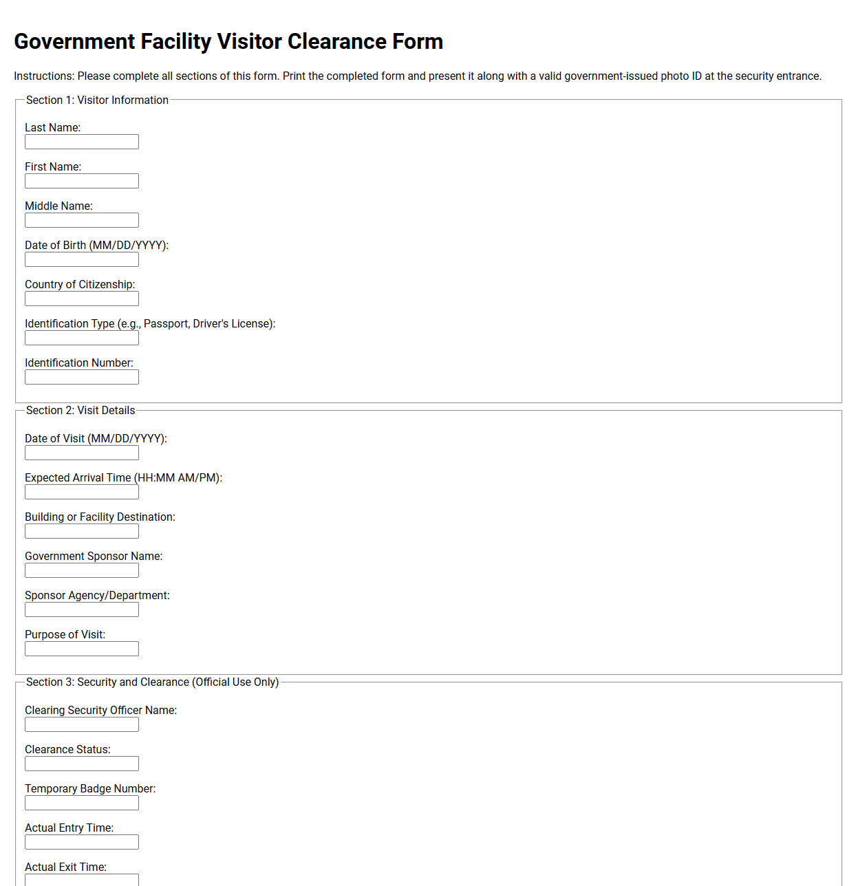 Government Facility Visitor Clearance Form
