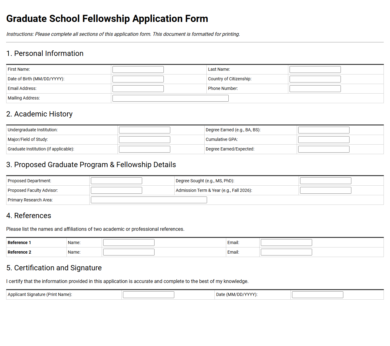 Graduate School Fellowship Application Form