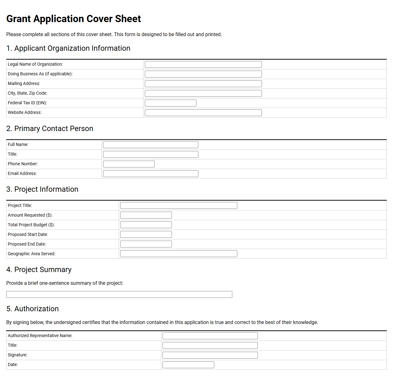 Grant Application Cover Sheet Form