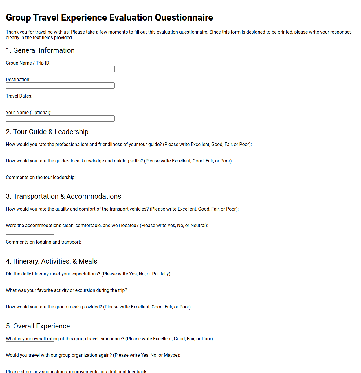 Group Travel Experience Evaluation Questionnaire
