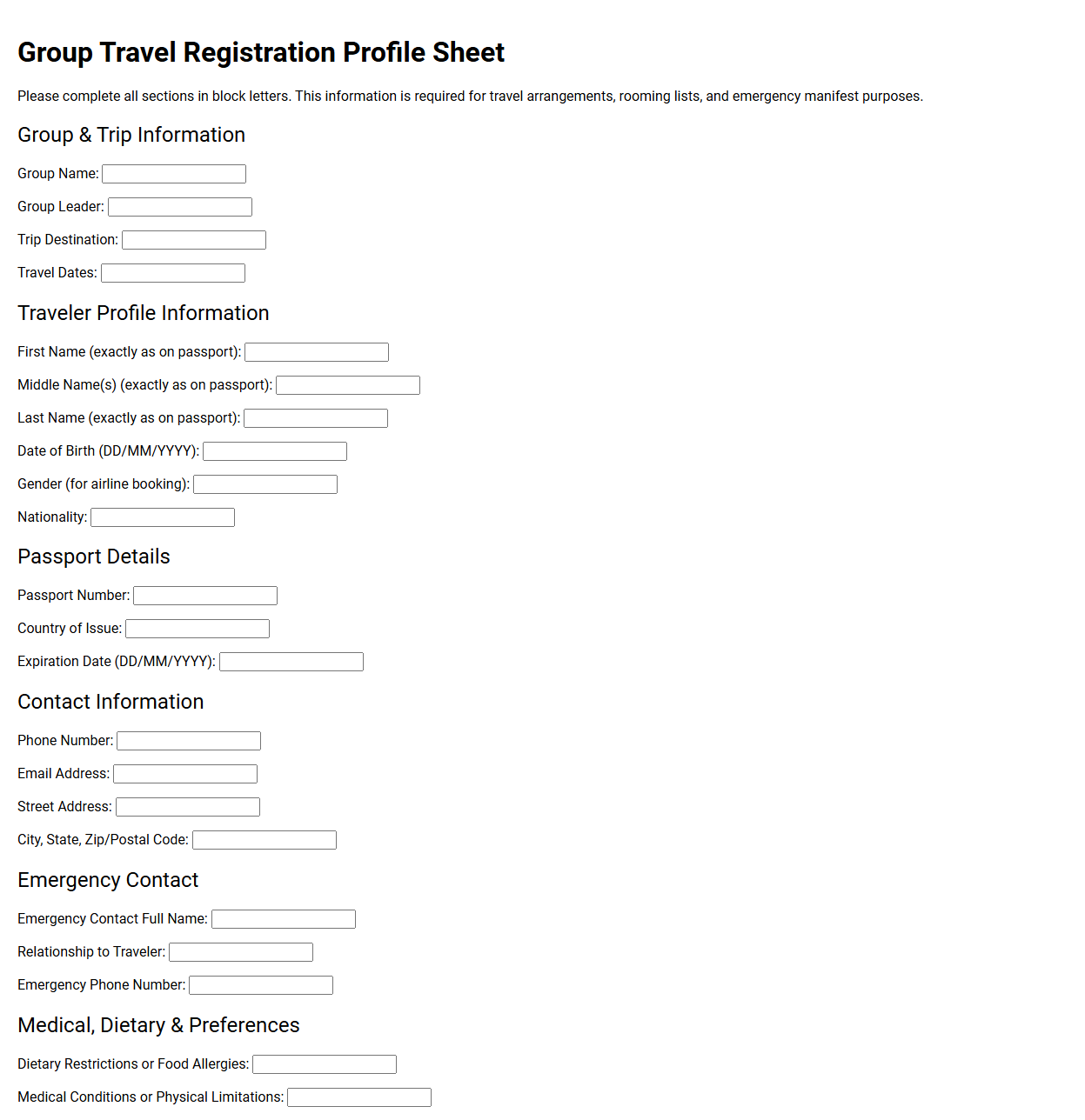 Group Travel Registration Profile Sheet