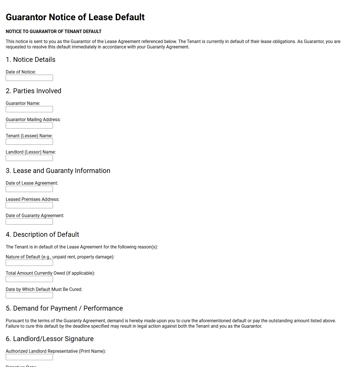 Guarantor Notice of Lease Default Form