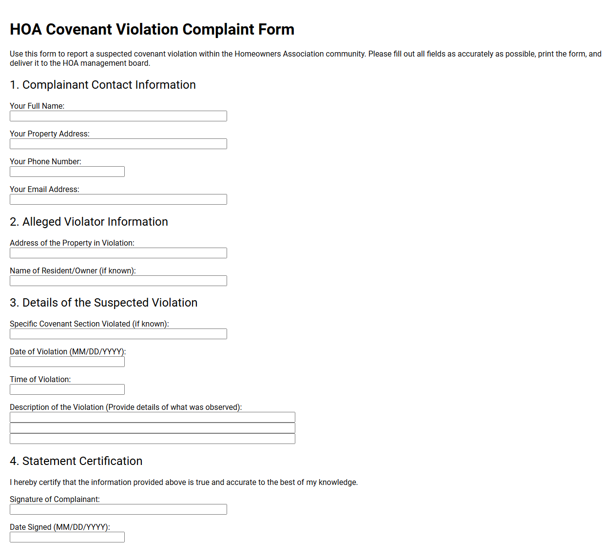 HOA Covenant Violation Complaint Form Template