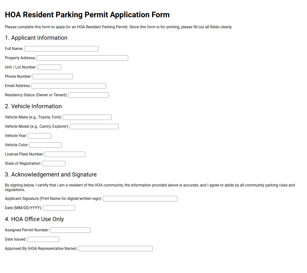 HOA Resident Parking Permit Application Form